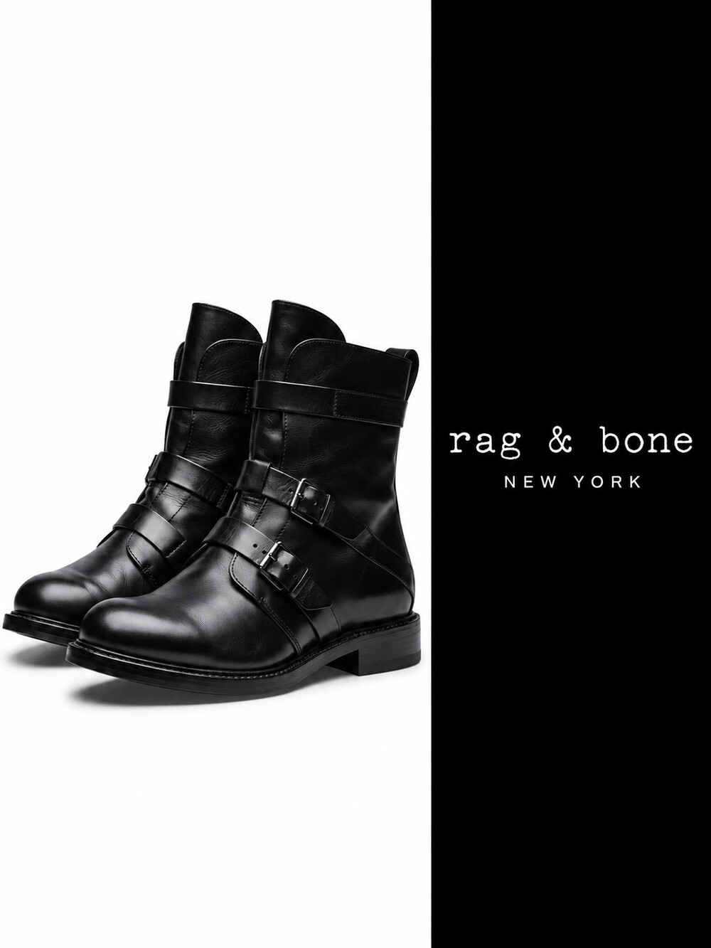 Rag & Bone Black Leather Triple Buckle Moto Boots Size 39 US 9 Handmade Goodyear
